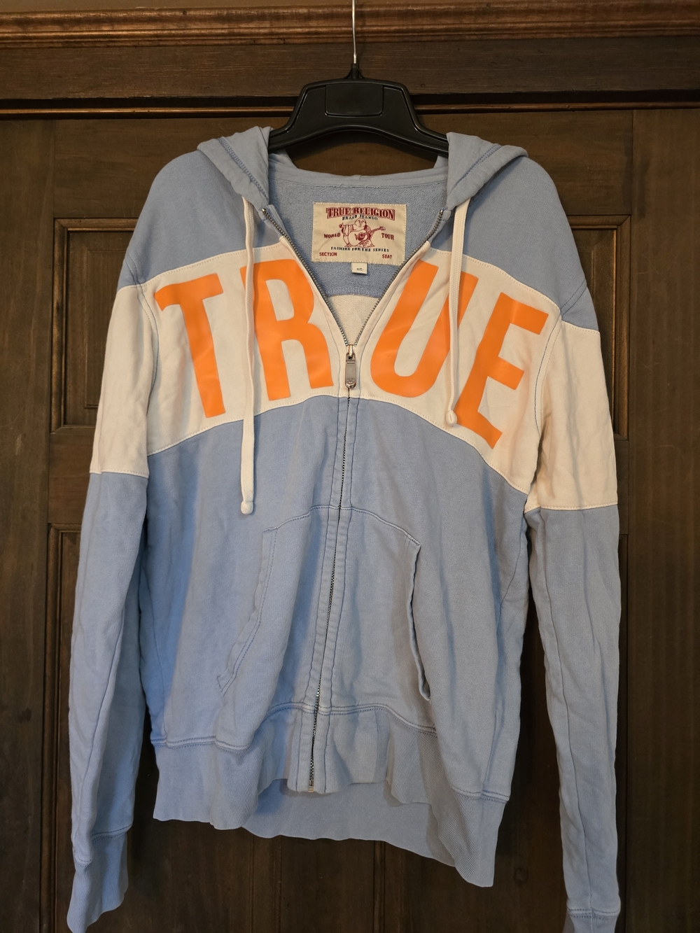 O True Religion Light Blue Hoodie with Orange Lettering Small